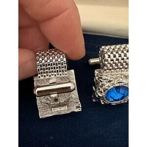 Vintage Swank Wrap Around Cufflinks Silver Tone Blue Glass Stone